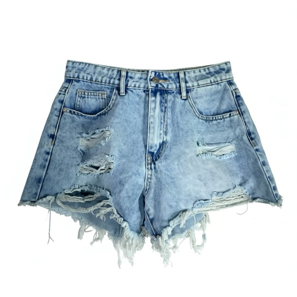 SHEIN Light Blue Ripped High Rise Stonewash Jean Shorts